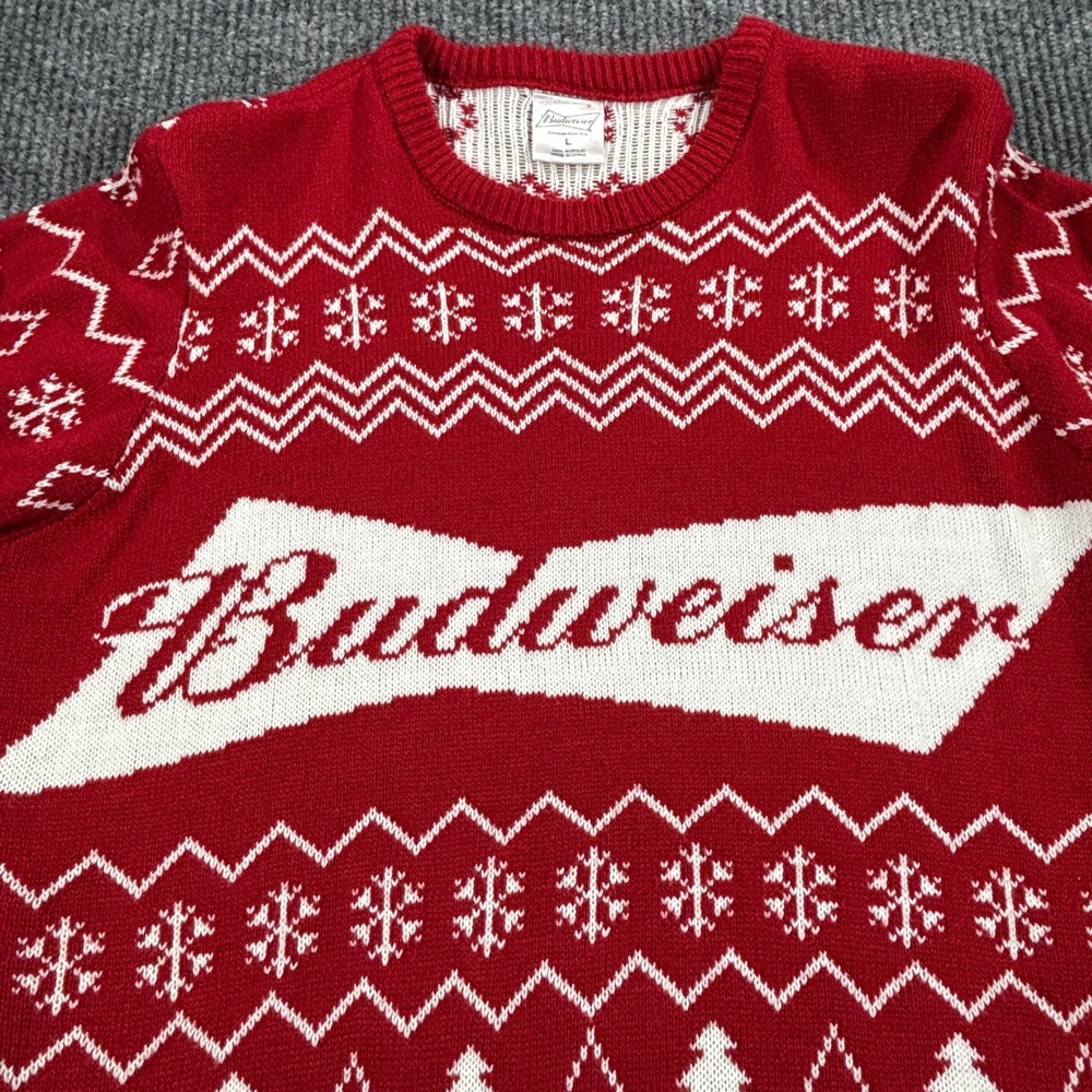 Budweiser Ugly Christmas Sweater Mens Large Red Fair Isle Bowtie Logo